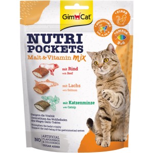 GimCat Nutri Pockets Malz-Vitamin Mix, 150g Katzen-Snack mit Rind, Lachs und Katzenminze.