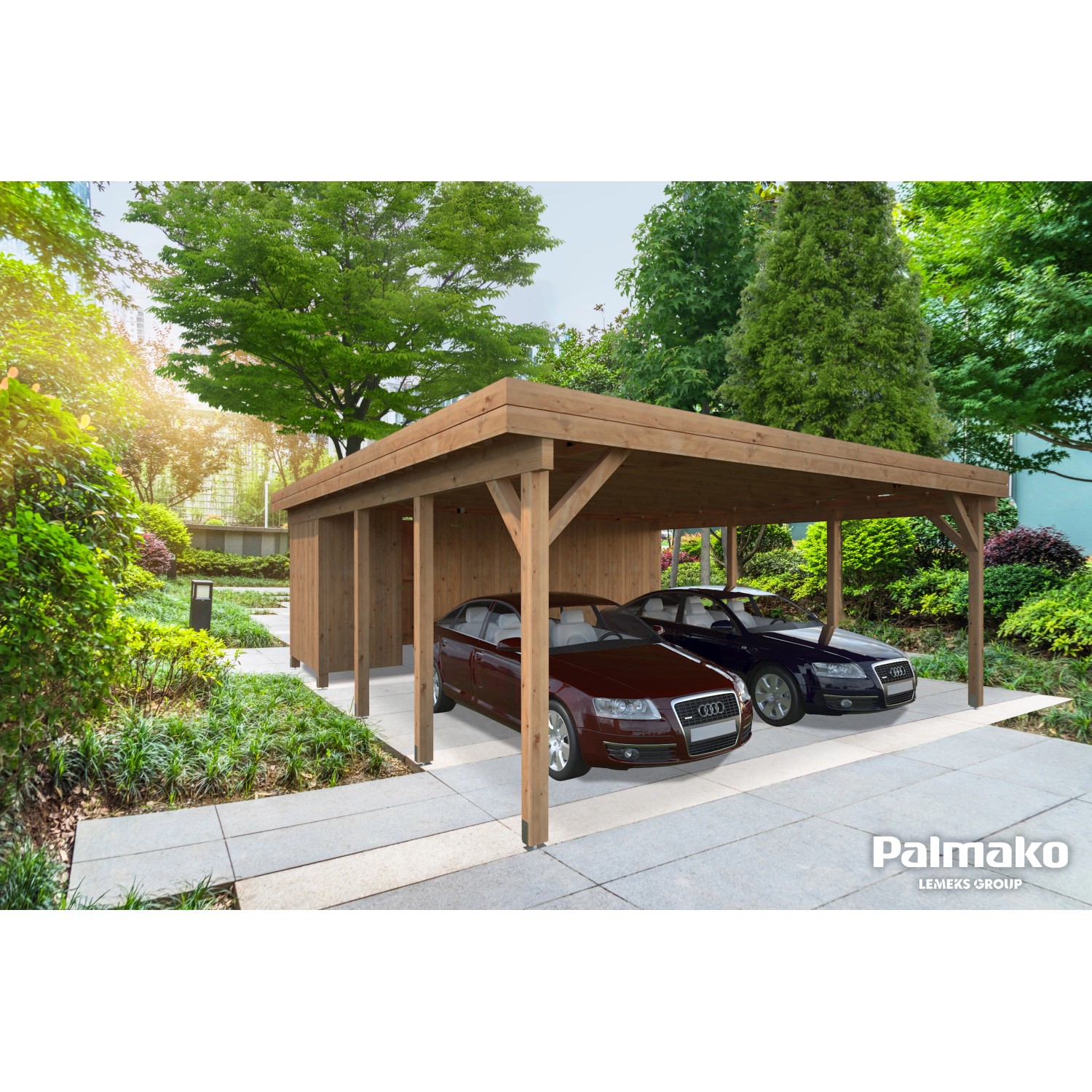 Palmako Anbauschuppen für Carport Karl, braun tauchgrundiert, mit zwei geparkten Autos.