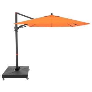 Quadratischer, orangefarbener Doppler Ampelschirm MyZone mit Kurbel und grauem Standfuß.