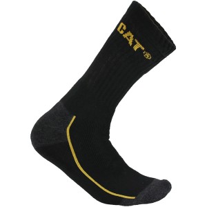 Schwarze Cat Arbeitssocke Robust, Größe 39-42, mit gelbem Logo und Cordura-Verstärkung.