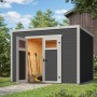 Modernes, dunkelgraues Weka Gartenhaus Batu 3x3m mit Doppeltür und Flachdach im Garten.