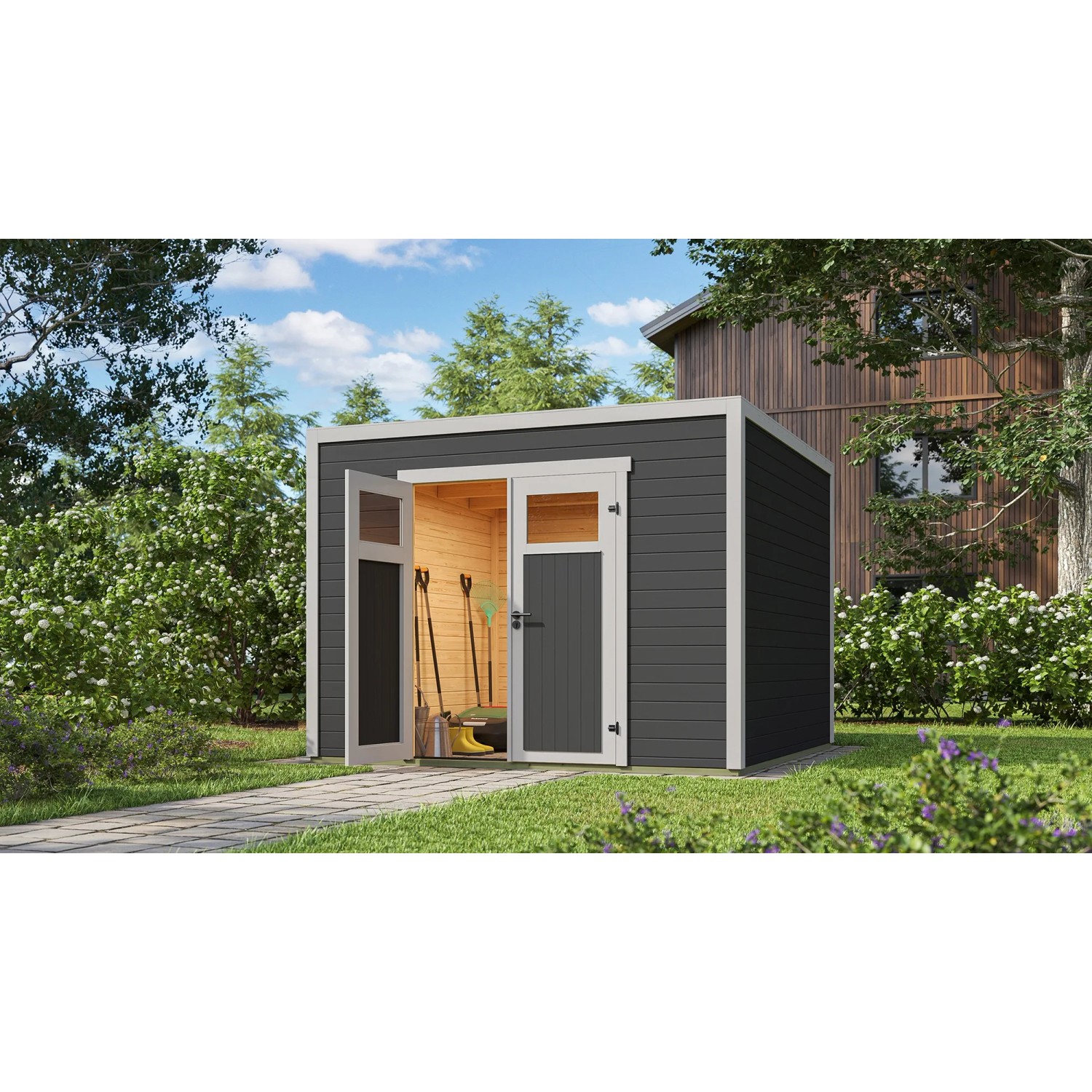 Modernes, dunkelgraues Weka Gartenhaus Batu 3x3m mit Doppeltür und Flachdach im Garten.