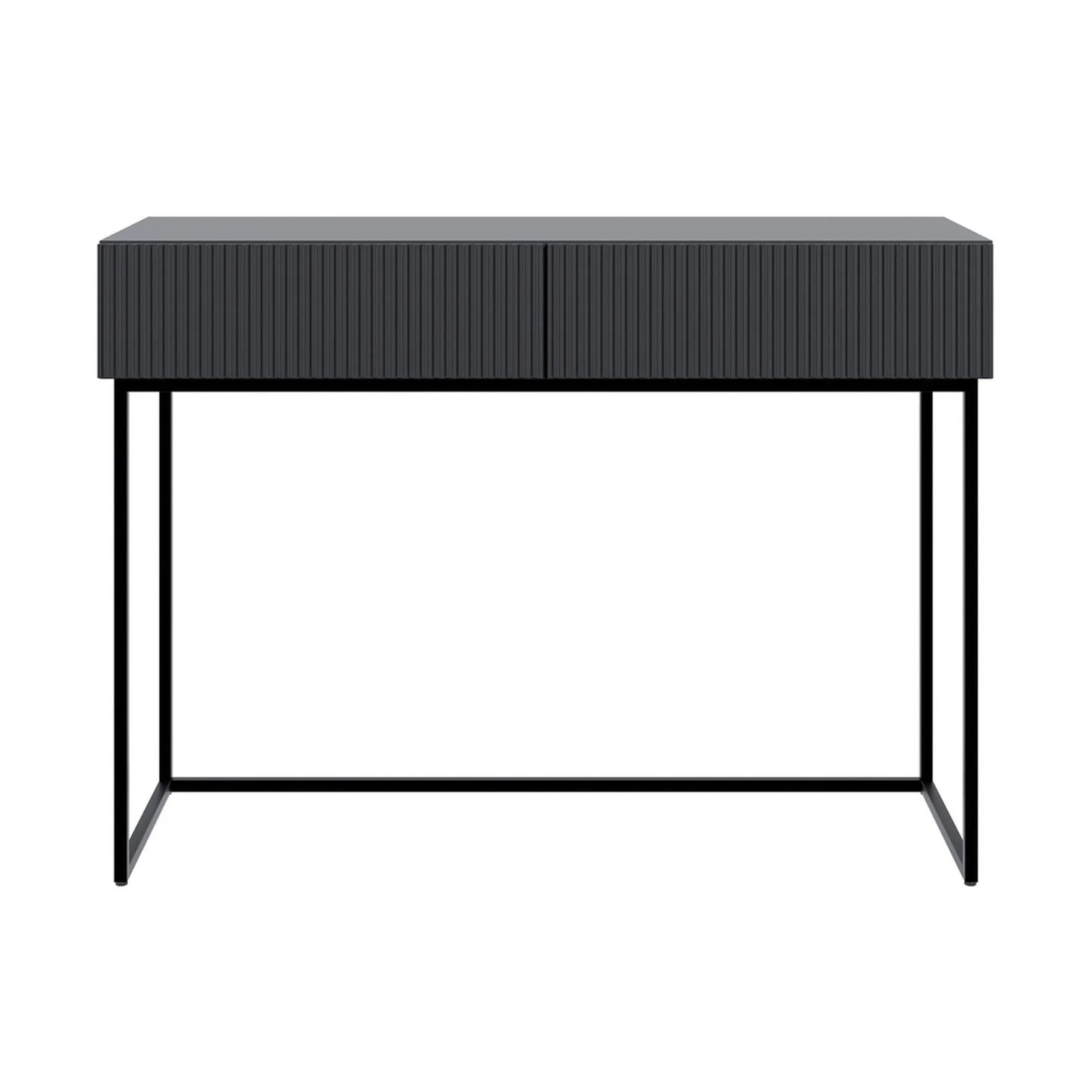 Schwarzer Selsey Veldio Schminktisch mit geriffelter Front, zwei Schubladen und schwarzen Metallbeinen. Modernes Design.