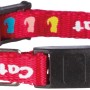 Rotes Jollypaw Kätzchenhalsband aus Nylon mit Schelle und bunten Motiven.