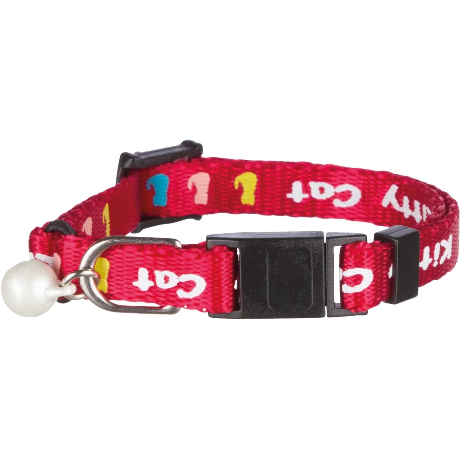 Rotes Jollypaw Kätzchenhalsband aus Nylon mit Schelle und bunten Motiven.
