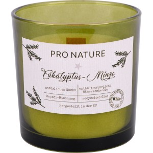 Raps-Kerze im grünen Glas mit Holzdocht, Duft Eukalyptus & Minze, 100x100 mm.