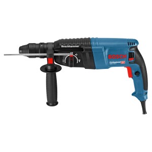 Blauer Bosch Professional Bohrhammer GBH 2-26 F mit Zusatzgriff und Bohrer-Set im Koffer.