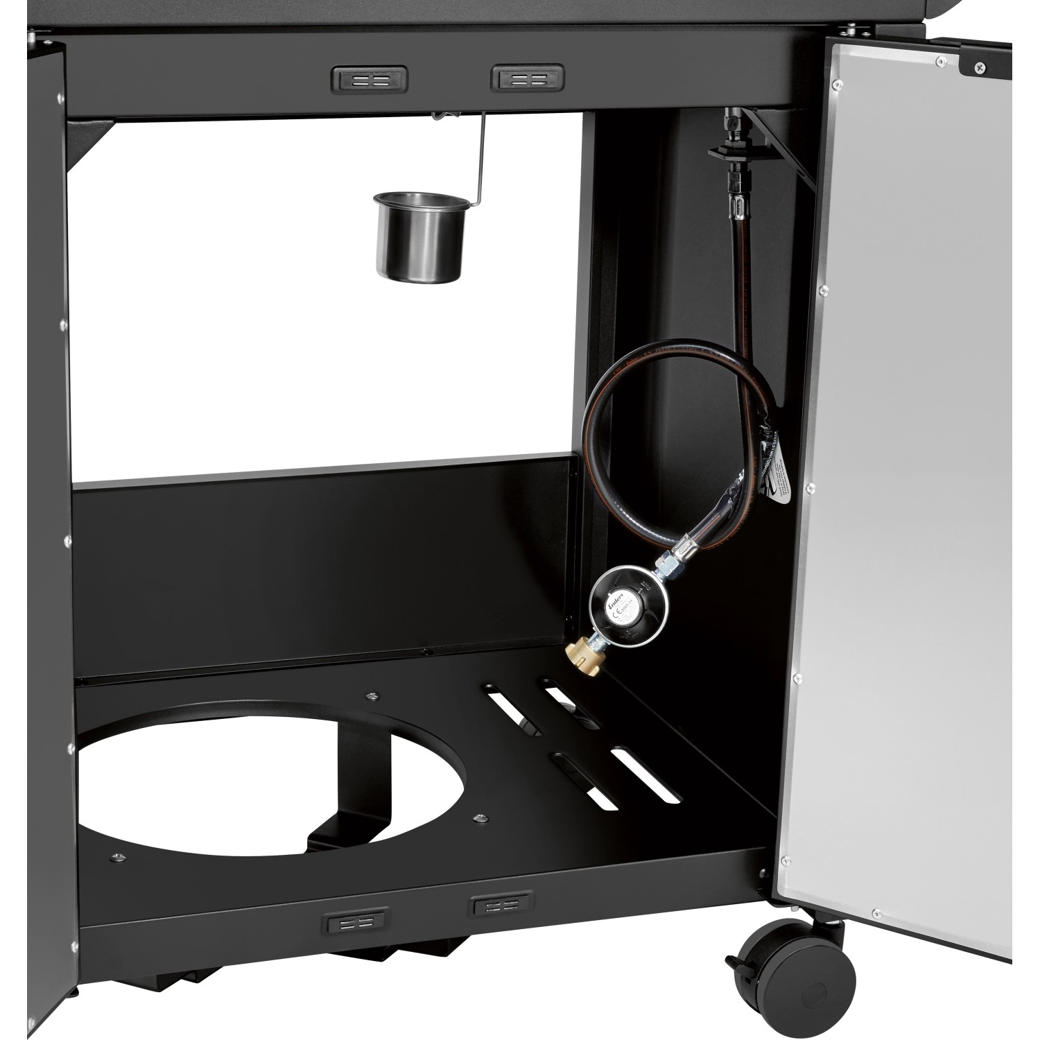 Detailaufnahme: Untergestell des Jamestown Knox II Gasgrills mit Gasanschluss, Ablage und Auffangbehälter.