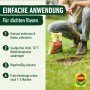 Anwender streut Compo Rasen Nachsaat Turbo auf eine kahle Stelle im Rasen. Packung Rasensamen im Bild.