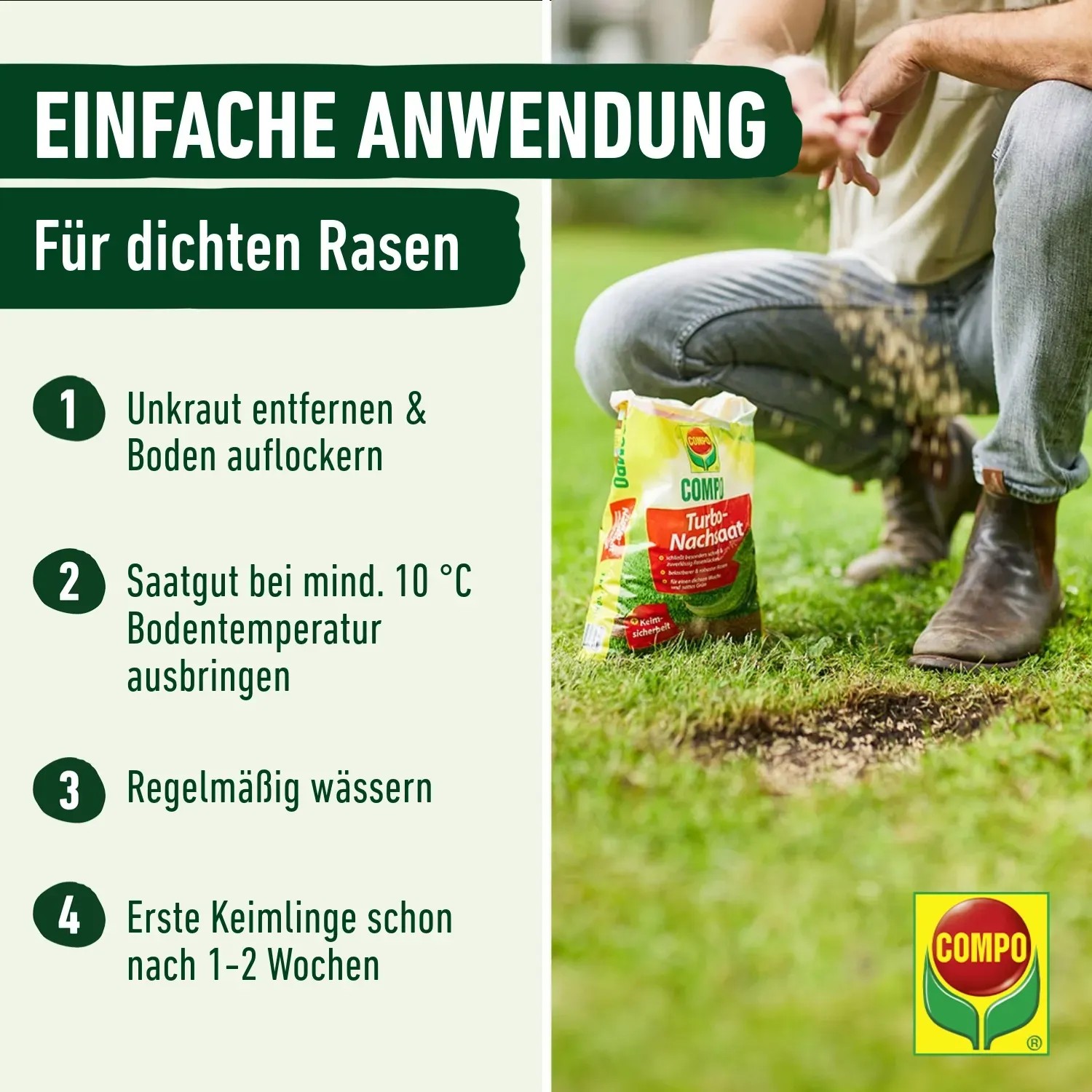 Anwender streut Compo Rasen Nachsaat Turbo auf eine kahle Stelle im Rasen. Packung Rasensamen im Bild.
