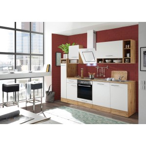 Respekta Küchenzeile 250 cm in Weiß und Wildeiche Nachbildung mit E-Geräten.