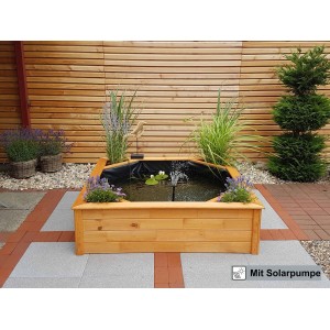 Promadino Hochteich mit 4 Pflanzzonen und Solarpumpe, aus Kiefernholz, 144x144x40 cm.