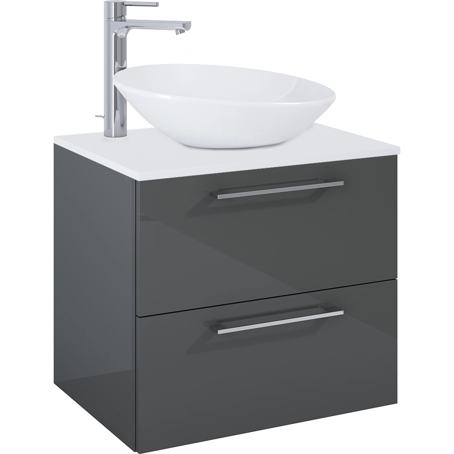 Maximus Waschbeckenunterschrank Stylo, anthrazit, 60 cm mit Aufsatzwaschbecken und Armatur.