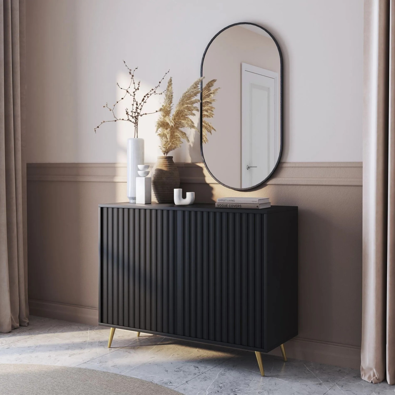 Selsey Selsey Sideboard Bello mit Lamellenfronten 104 cm Schwarz mit Goldenen Beinen_3