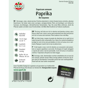 Samenpackung Sperli Paprika De Cayenne, Gemüsesamen für scharfe, rote Paprika.