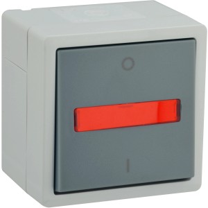 Feuchtraum-Ausschalter Vario21, 1-fach, hellgrau-grau, mit roter Anzeige. IP44 Schalter für Bad & Keller.