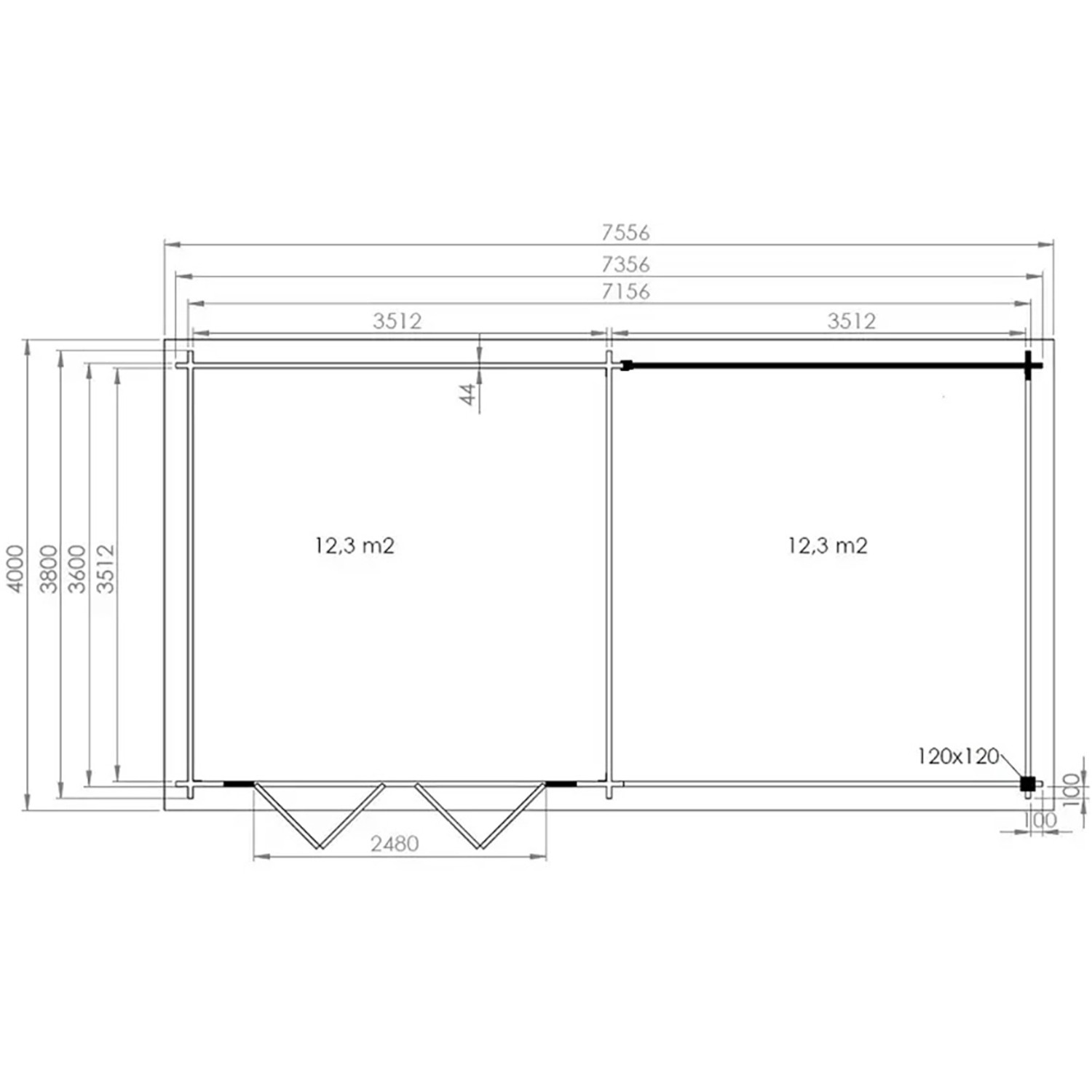 Grundrisszeichnung Alpholz Gartenhaus Freiburg-44, 755x399 cm, mit Maßen und Flächenangaben.