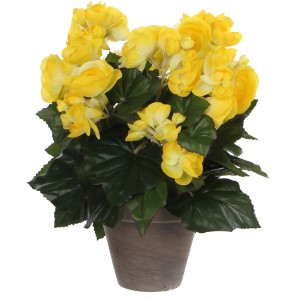 Gelbe Kunstblume Begonie im Terrakotta-Topf, Höhe 30 cm, Durchmesser 25 cm.
