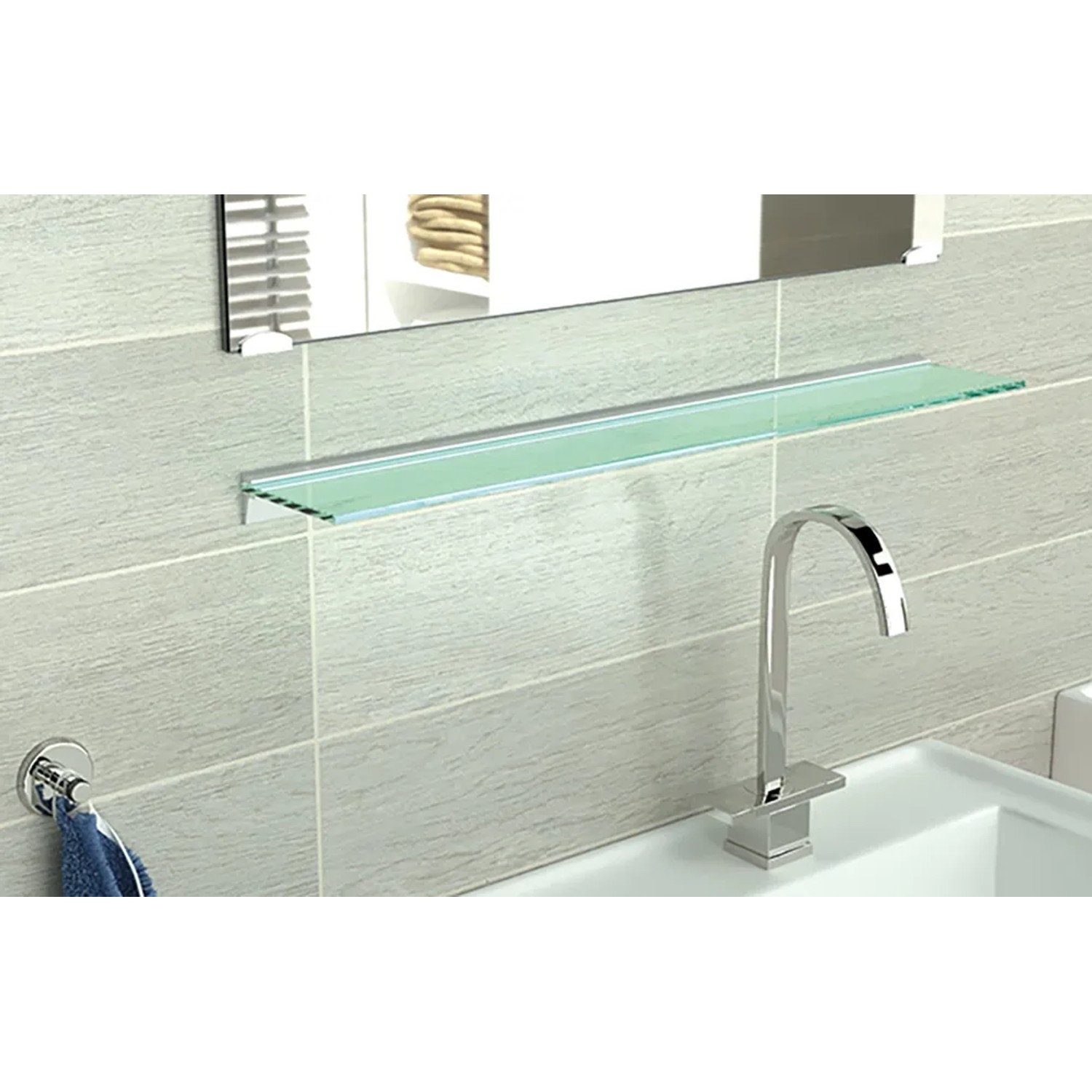 Anwendungsbeispiel: Transparente Glasablage mit Spiegel und Armatur, befestigt mit Montageband.