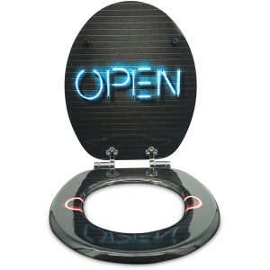 Sanfino WC-Sitz mit Absenkautomatik, Holz, schwarzes Backstein-Design mit blauem Neon "OPEN" Schriftzug.
