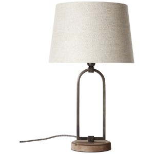 Beige Design-Tischleuchte Sora, Ø 30 cm, mit Textilschirm und Metallfuß.