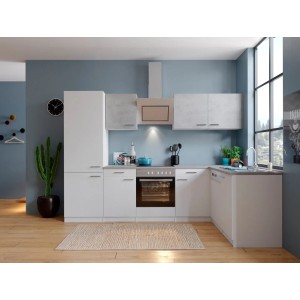 Respekta Winkelküche in Weiß und Beton-Optik mit E-Geräten und viel Stauraum.