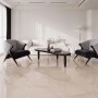 Beige Feinsteinzeug Bodenfliese Opus premium, glasiert und poliert, 60x120 cm, im modernen Wohnzimmer.
