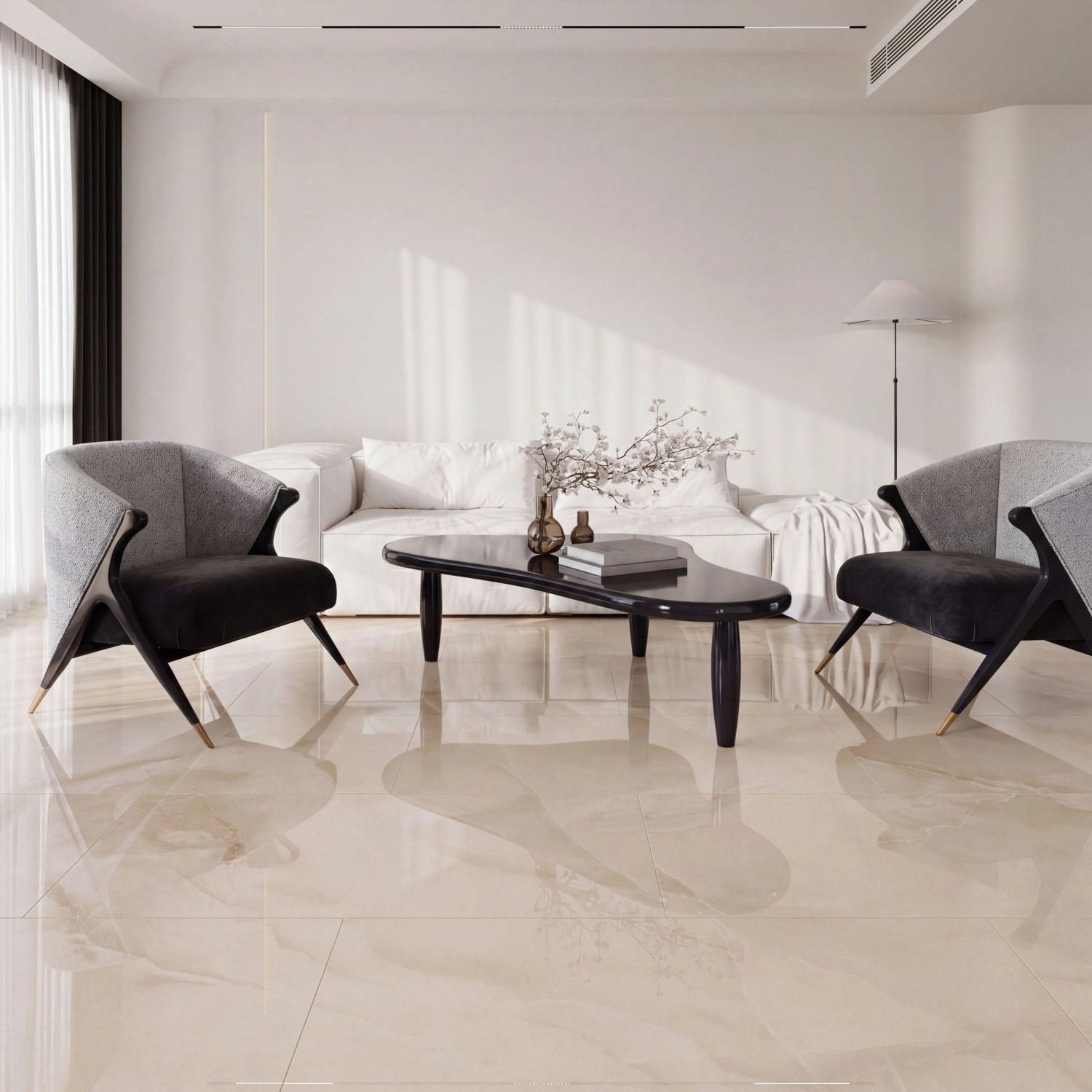 Beige Feinsteinzeug Bodenfliese Opus premium, glasiert und poliert, 60x120 cm, im modernen Wohnzimmer.