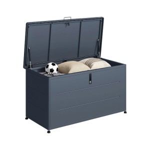 Offene, anthrazitfarbene Weka Metall-Terrassenbox Gary 406 (135x66x74,5cm) mit Kissen und Ball.