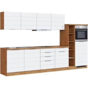 Moderne Küchenzeile in Weiß und Wotaneiche, 330 cm breit, mit E-Geräten.