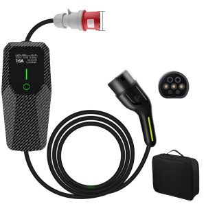 Junsun EV Ladegerät 11kW mit schwarzer Steuerbox, 5m Kabel, rotem CEE-Stecker, Typ 2 Stecker und Tasche.
