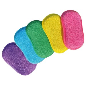 5er Set Mikrofaserschwämme in Lila, Blau, Grün, Gelb und Pink für Reinigung und Haushalt.