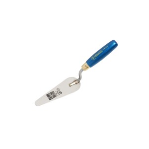 LUX Katzenzungenkelle Classic, 140 mm, rostfrei mit blauem Holzgriff.