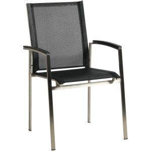Stapelsessel Auris aus Edelstahl mit schwarzem Acatex-Gewebe für Gartenmöbel-Set.