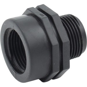 Busching 30,3 mm (Rp 1) IG x 26,4 mm (R 3/4) AG aus PP für Regentonnen und Wasserzapfstellen.