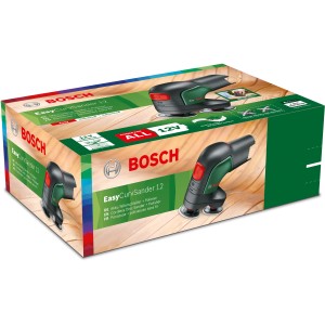 Bosch EasyCurvSander 12V Akku-Schleifer im Karton, ideal für kurvige Oberflächen.