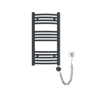 Emke elektrischer Badheizkörper, anthrazit, gebogen, mit digitalem Thermostat. Moderner Handtuchtrockner für Bad.