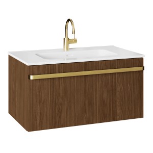 Randal Badmöbel Loa 80 cm in Nussbaumholz mit Waschbecken und goldenem Griff.