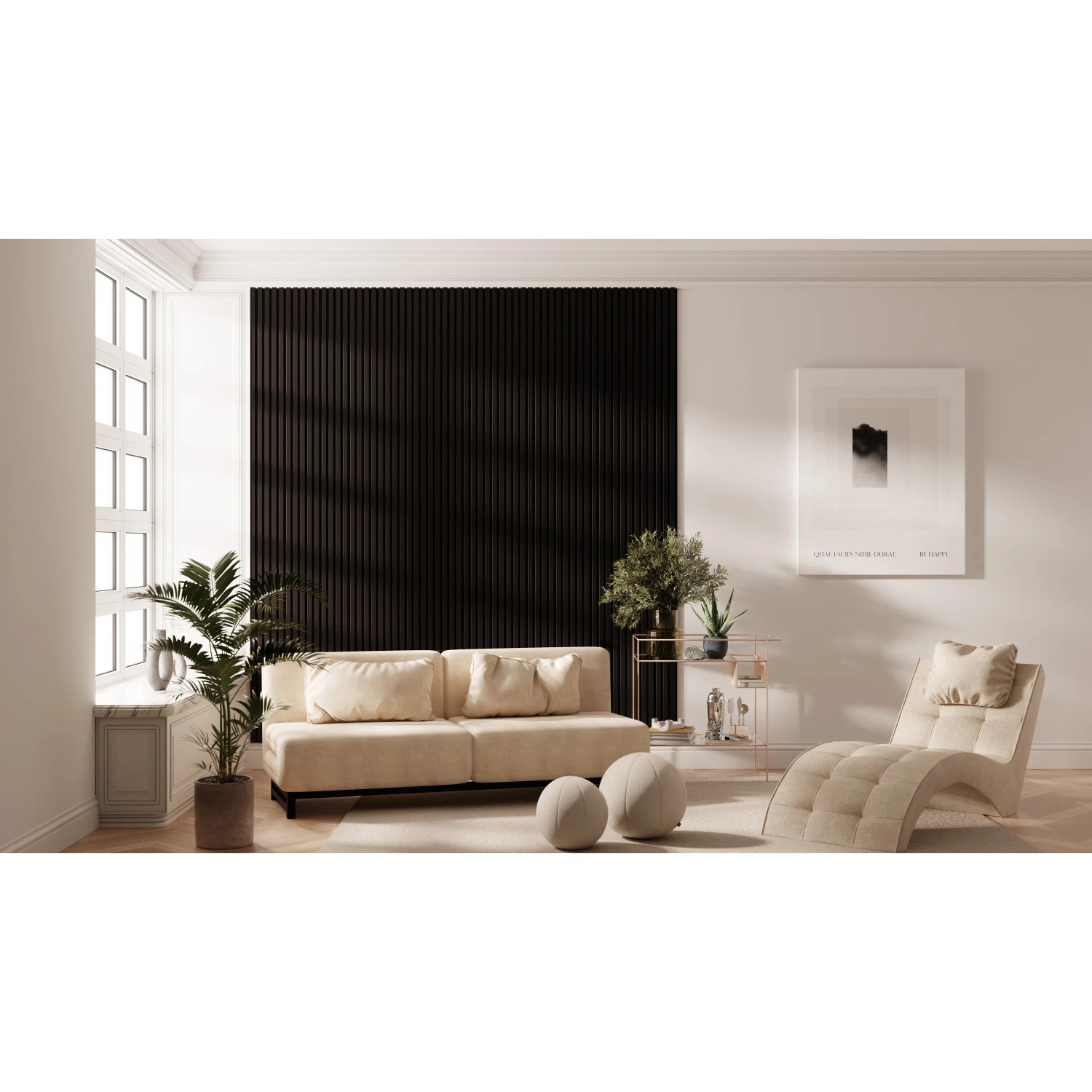 Schwarzes Akustikpaneel mit Filz im Wohnraum, 32x240cm, 2 Stück. Schallschutz für Wand und Decke.