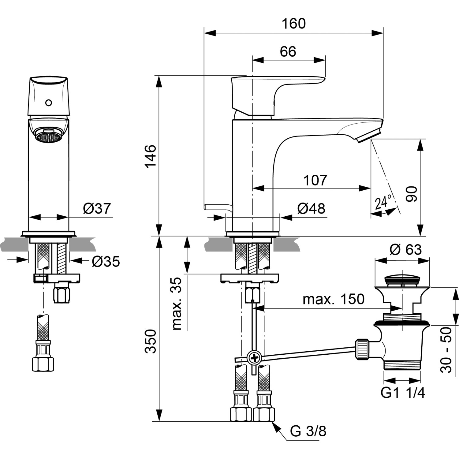 Technische Zeichnung: Ideal Standard Connect Air Slim Waschtischarmatur, gebürstetes Gold, Maße und Details.