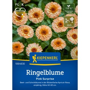 Kiepenkerl Ringelblume Pink Surprise: Saatgut-Packung mit apricot-rosafarbenen Blüten.