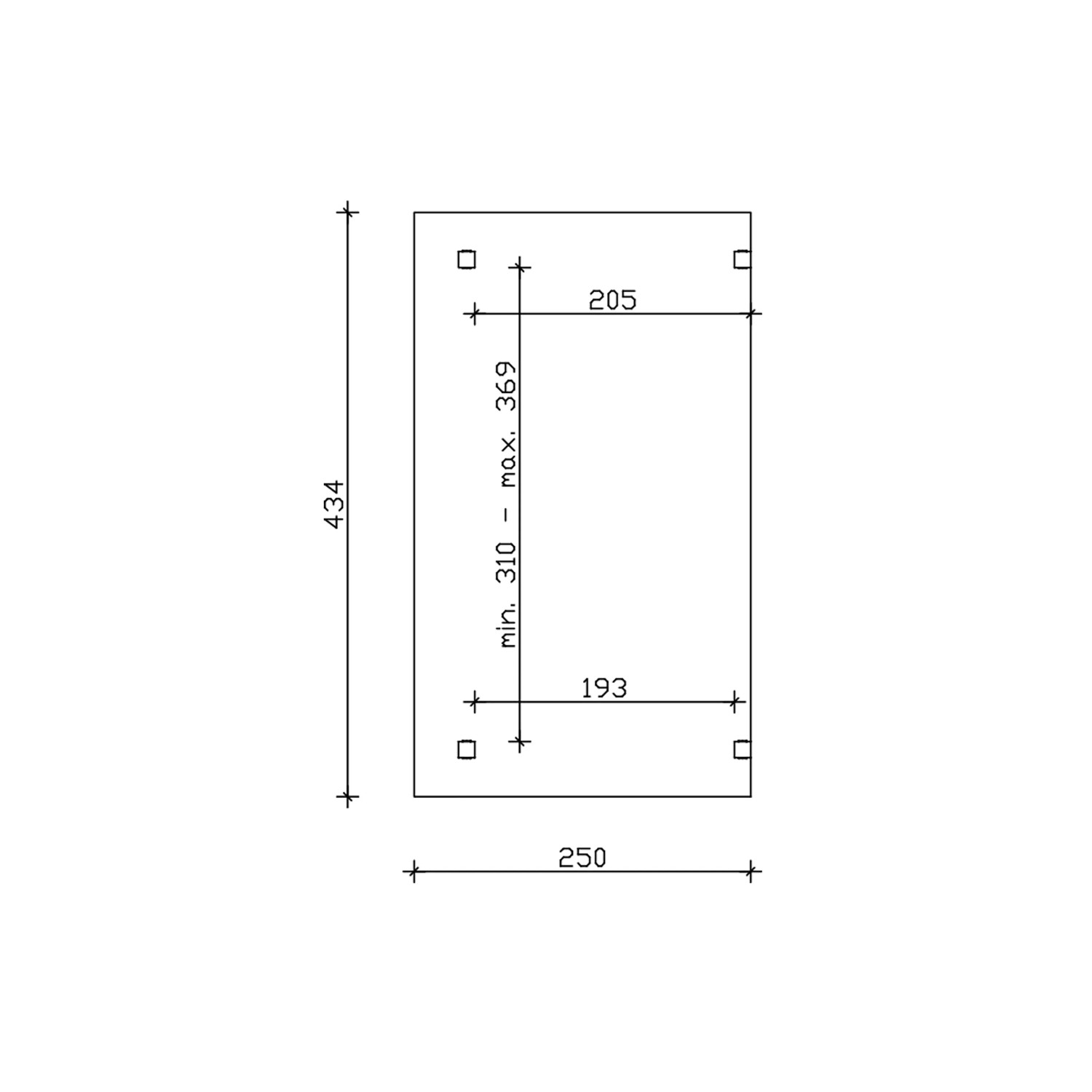 Technische Zeichnung der Skan Holz Terrassenüberdachung Sanremo 434x250 cm, Maße und Details.