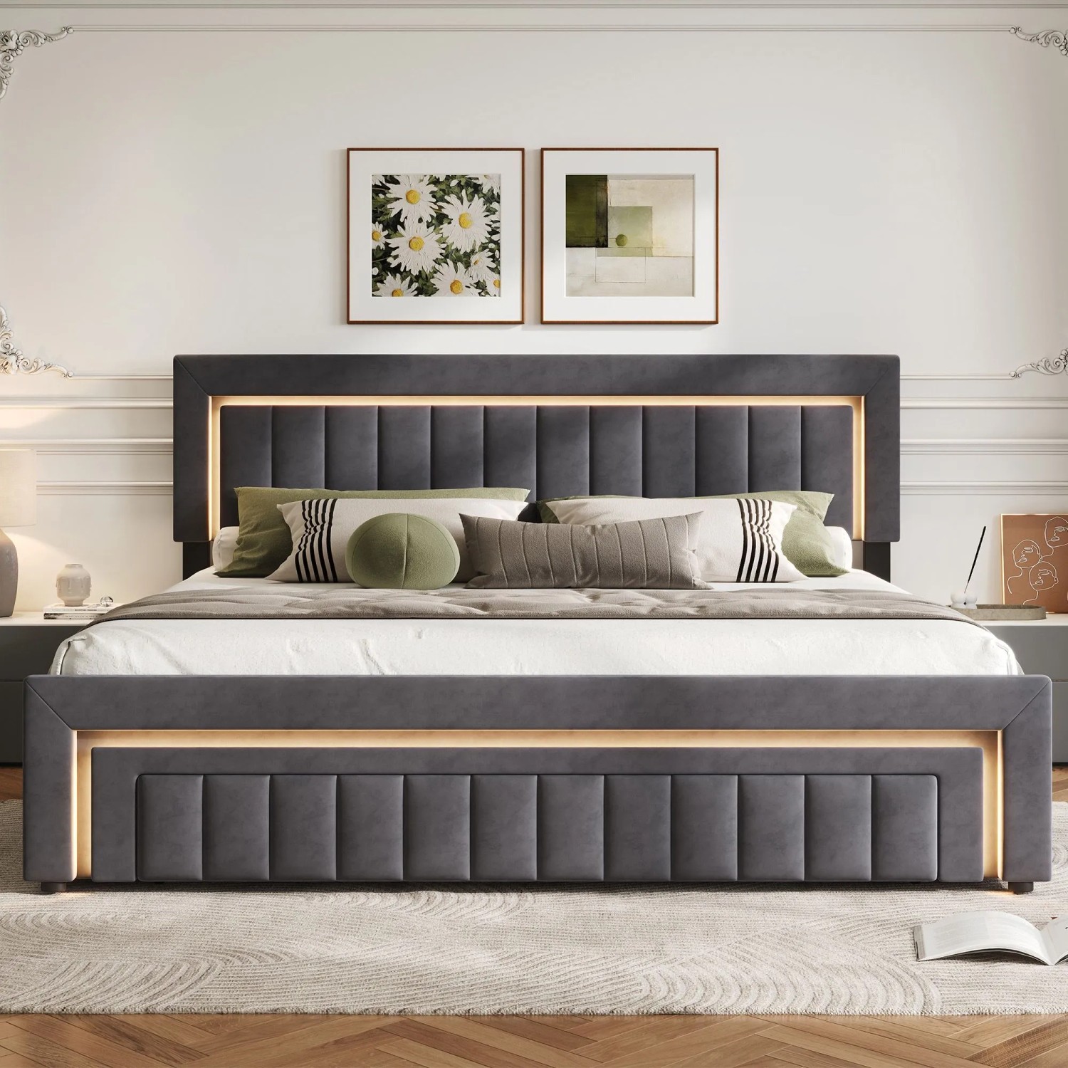 okwish Polsterbett mit LED Beleuchtung Schubladen Jugendzimmer 180x200cm Grau_3
