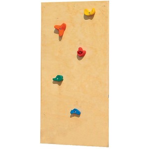 Karibu Kletterwand Aktion 2, naturbelassene Birkenholzplatte mit bunten Klettersteinen.