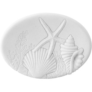 Wenko Seifenablage Maloto, weiße Polyresin-Ablage mit Seestern- und Muschel-Motiv.