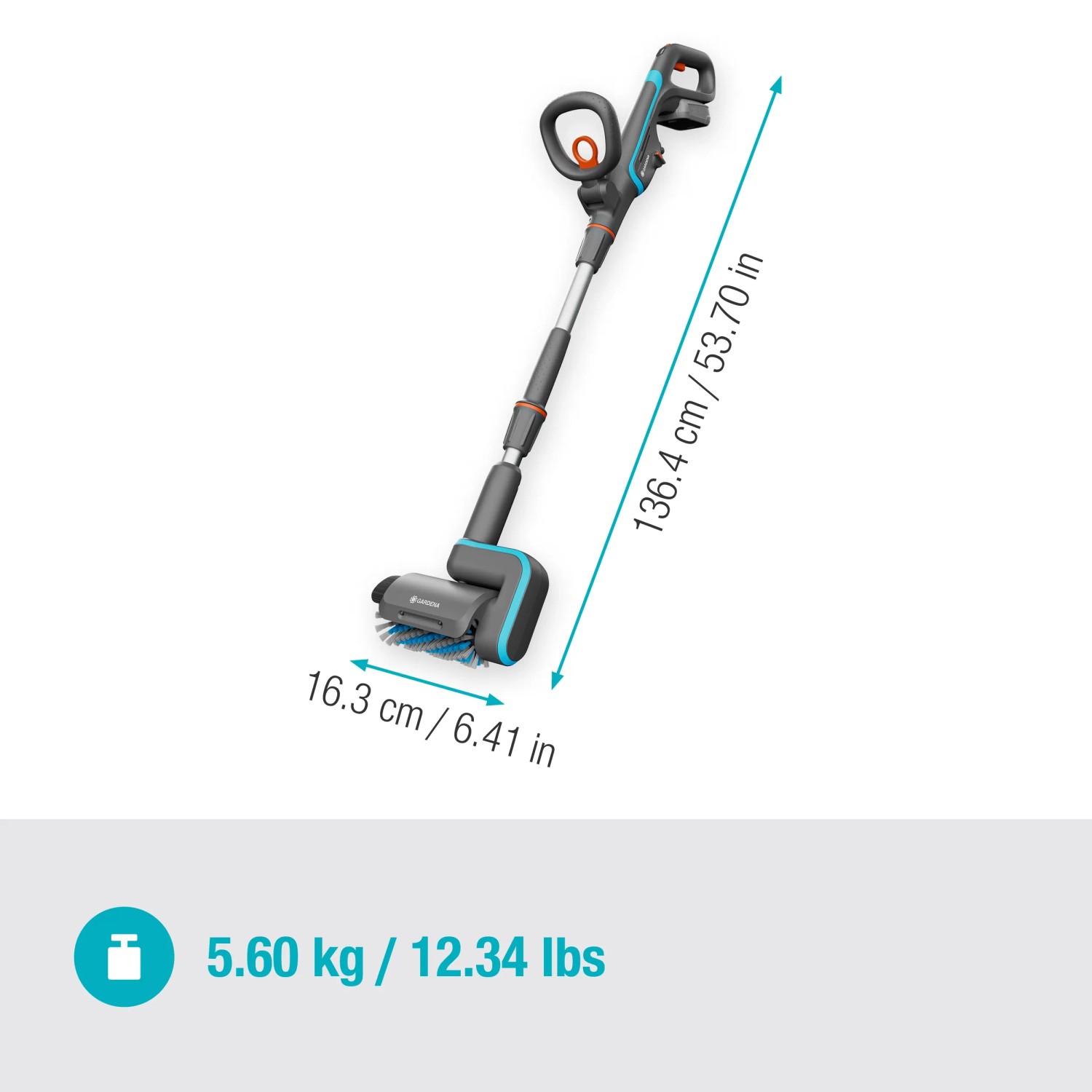 Gardena Akku-Multi-Reiniger AquaBrush Universal mit Akku, Maße im Bild dargestellt.