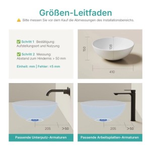 Größen-Leitfaden für Emke Keramik Aufsatzwaschbecken. Maße (Ø 41,5cm, H 15,5cm) und Installationsbeispiele für Wand- oder Standarmaturen.