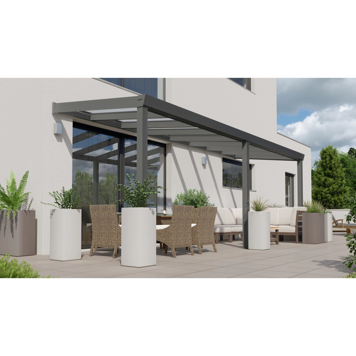 Anthrazitfarbene Terrassenüberdachung Professional mit Glas, 600x350 cm, für entspannte Stunden im Freien.