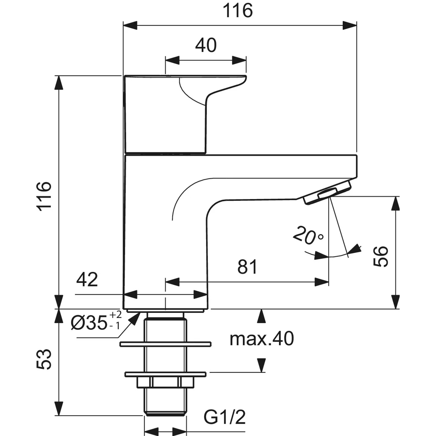 Technische Zeichnung: Ideal Standard Ceraplan Standventil, Schwarz matt, Maße und Anschlüsse.
