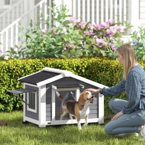 Graue PawHut Hundehütte aus Tannenholz im Garten mit Beagle und Frau. Erhöhte Basis, Asphalt-Dach, Fenster.
